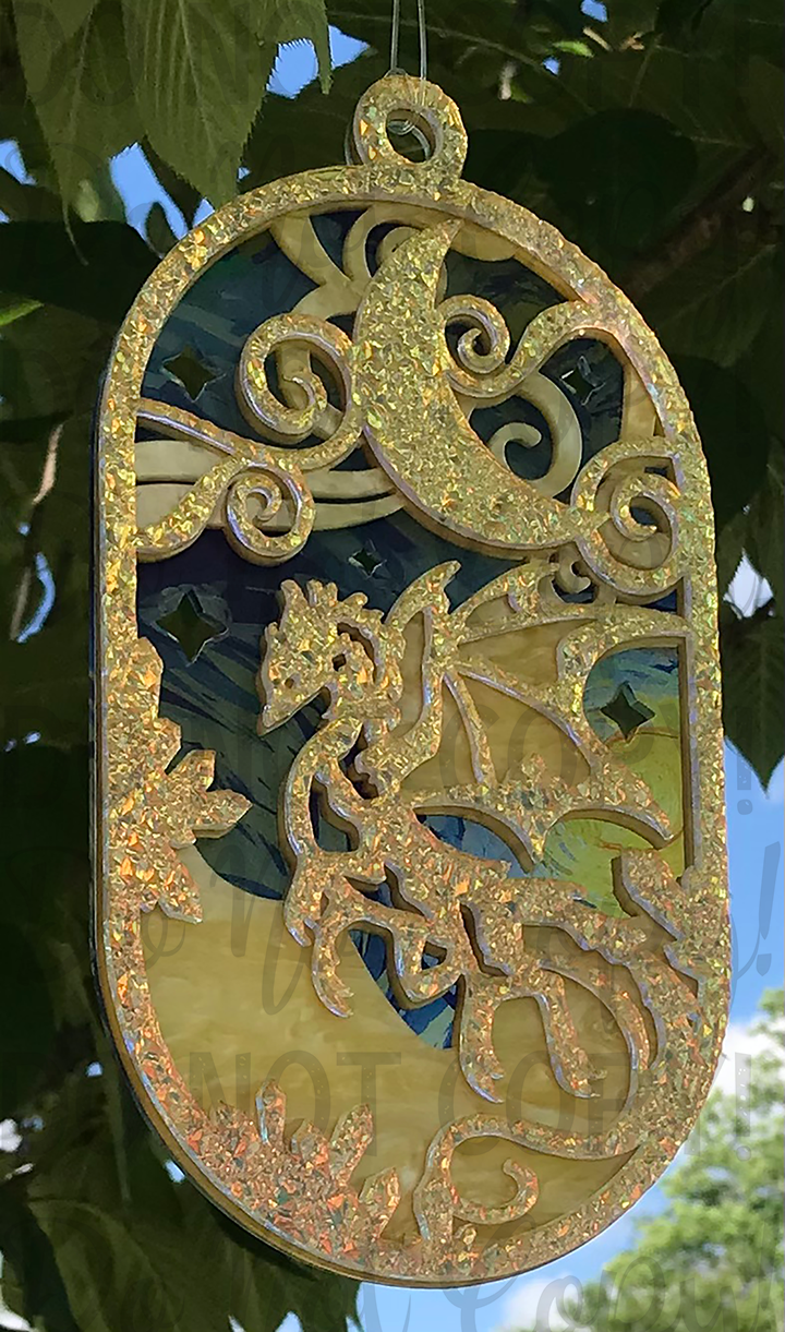 Suncatcher: Dragon - Textured Iridescent over Yellow Pearl