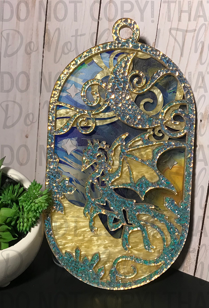 Suncatcher: Dragon - Textured Iridescent over Yellow Pearl