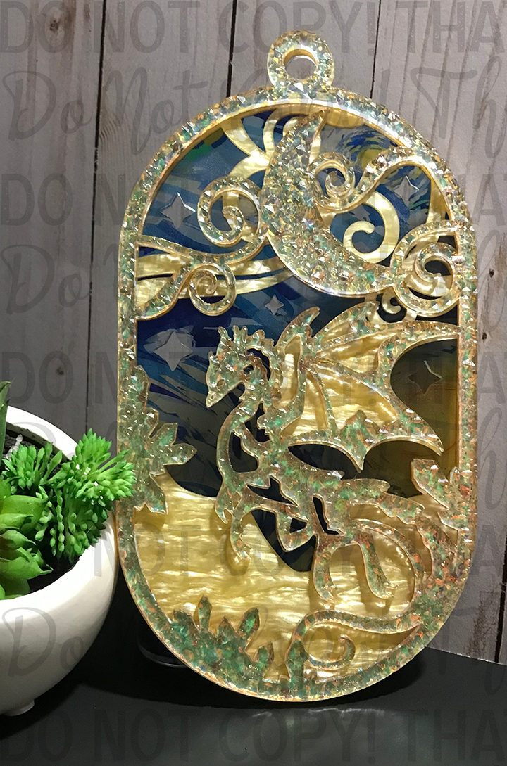 Suncatcher: Dragon - Textured Iridescent over Yellow Pearl