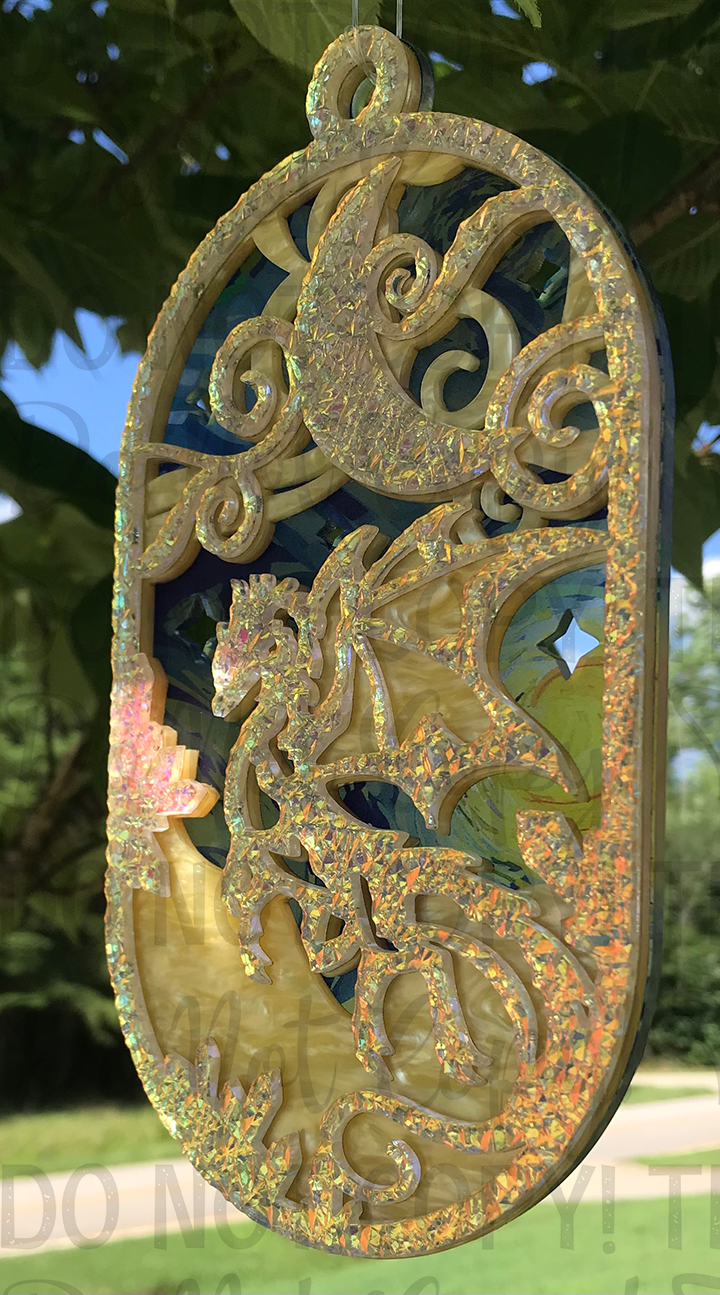 Suncatcher: Dragon - Textured Iridescent over Yellow Pearl