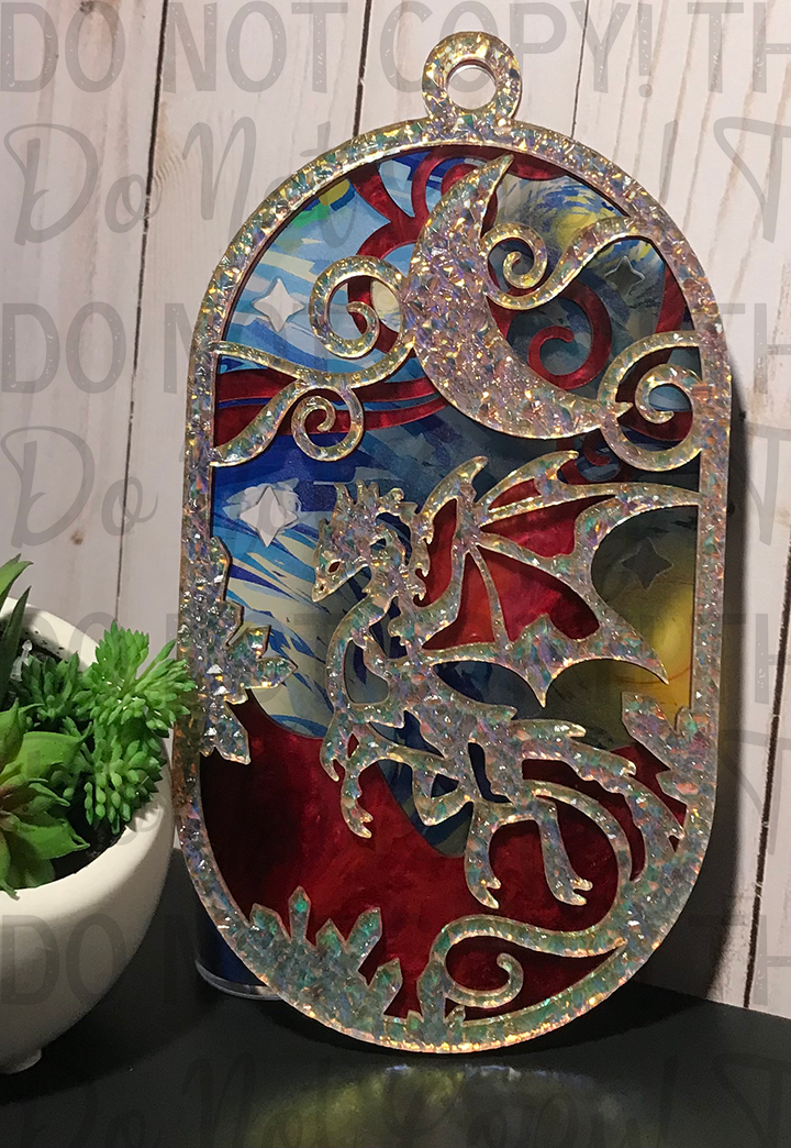 Suncatcher: Dragon - Textured Iridescent over Red Pearl