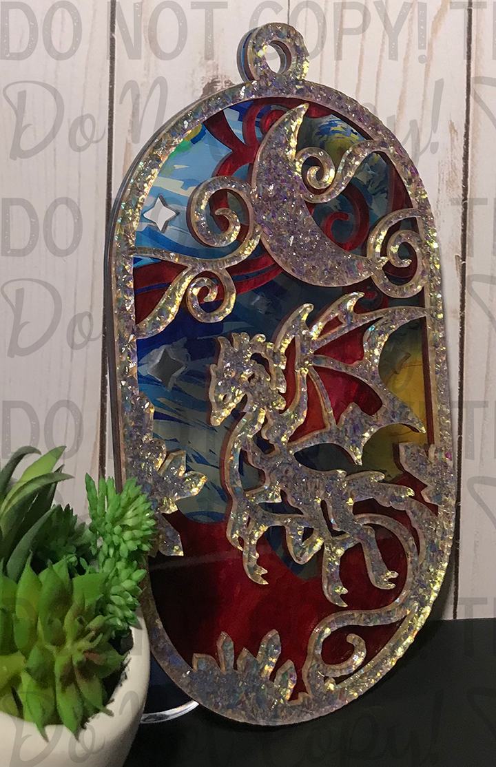 Suncatcher: Dragon - Textured Iridescent over Red Pearl