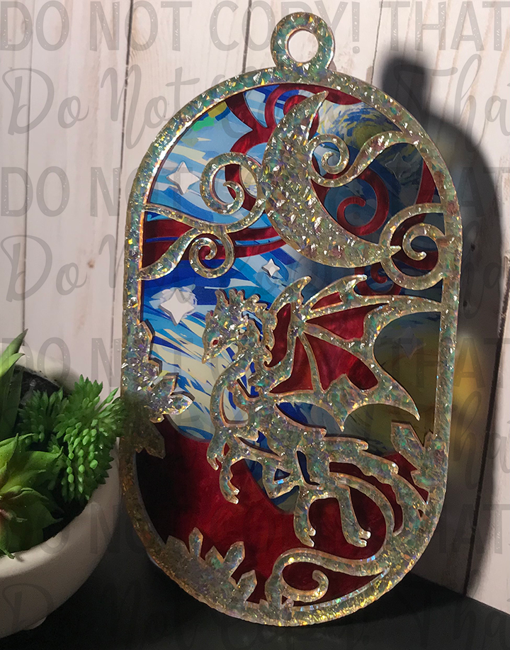 Suncatcher: Dragon - Textured Iridescent over Red Pearl