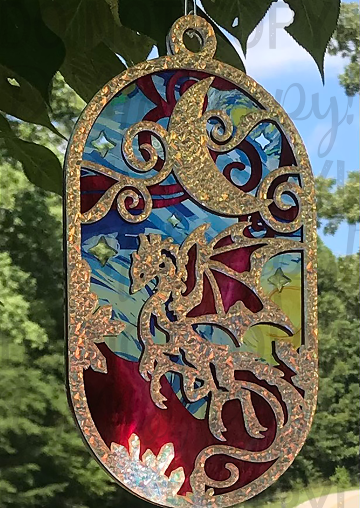 Suncatcher: Dragon - Textured Iridescent over Red Pearl