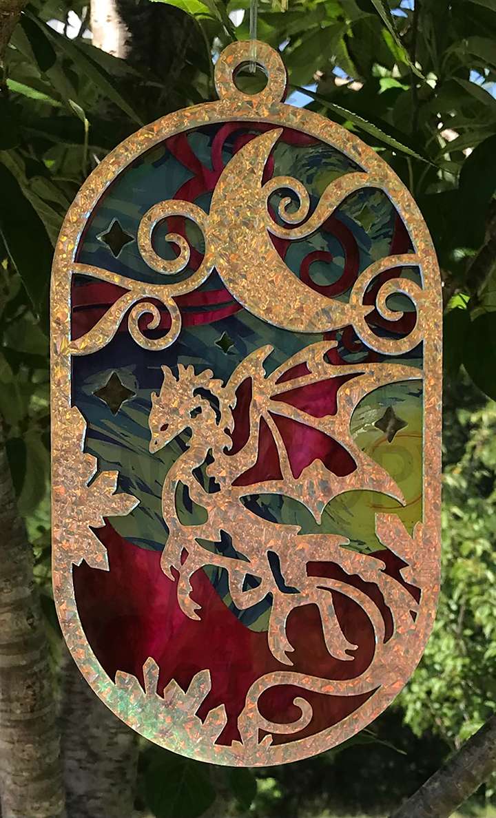 Suncatcher: Dragon - Textured Iridescent over Red Pearl