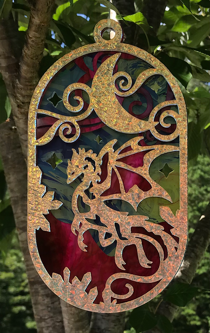 Suncatcher: Dragon - Textured Iridescent over Red Pearl