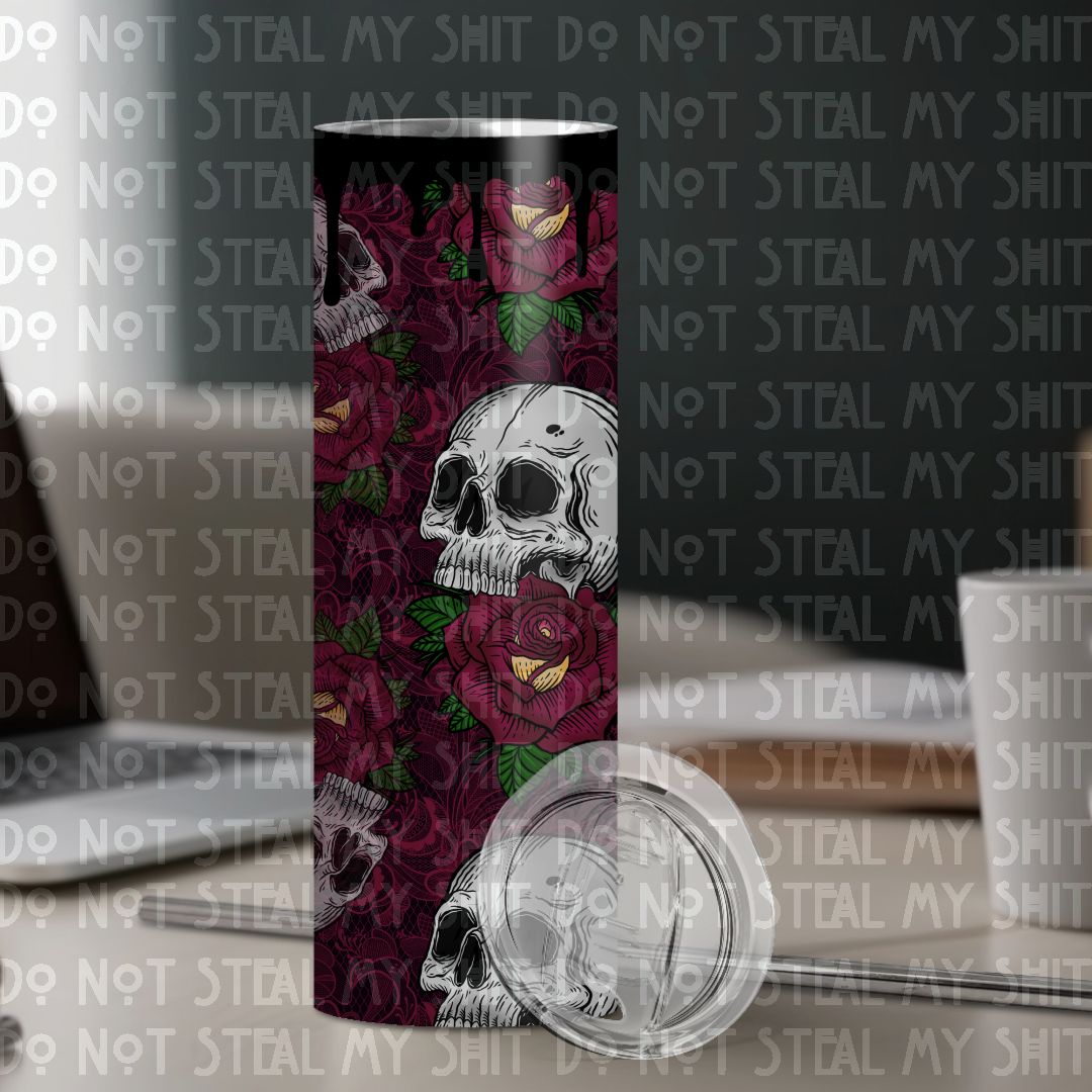 Skull with Red & Yellow Roses w/ Optional Drip Edge (MMD) 20 oz Skinny Tumbler