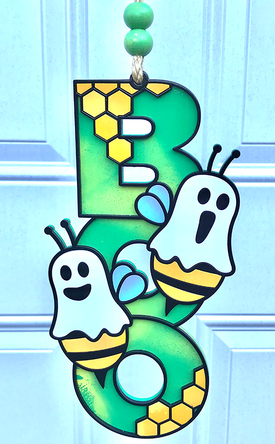 Halloween Sign:  Boo Bee - Green & Yellow Swirls