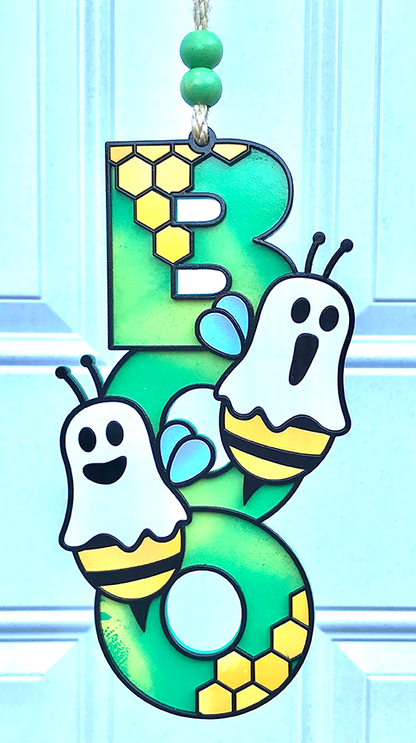 Halloween Sign:  Boo Bee - Green & Yellow Swirls