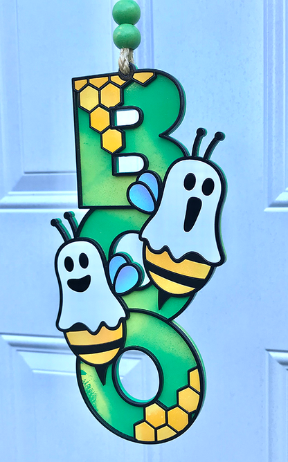 Halloween Sign:  Boo Bee - Green & Yellow Swirls