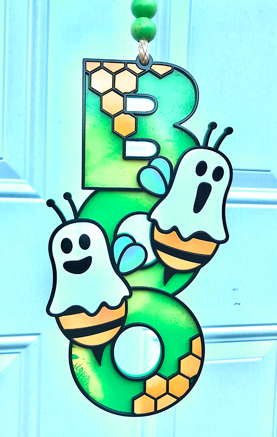 Halloween Sign:  Boo Bee - Green & Yellow Swirls