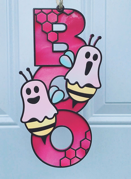 Halloween Sign:  Boo Bee – Magenta Pink Marbled