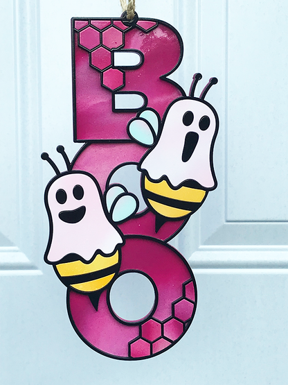 Halloween Sign:  Boo Bee – Magenta Pink Marbled