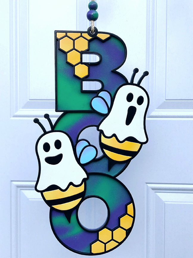 Halloween Sign:  Boo Bee – Purple and Green Swirl