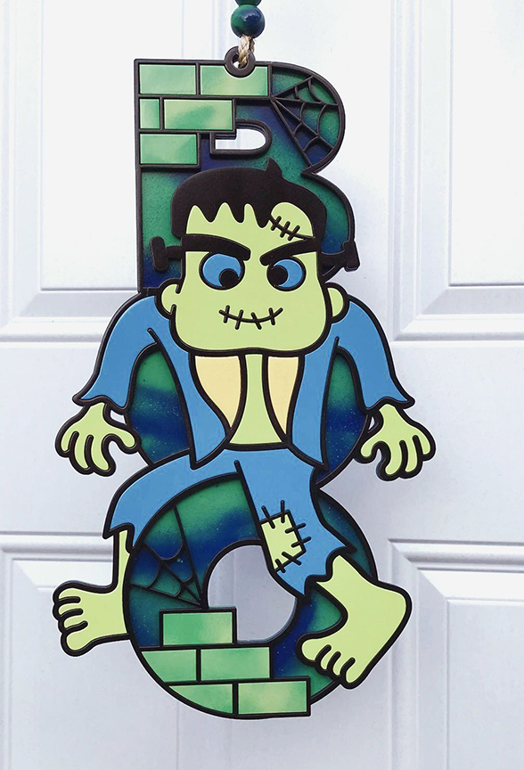 Halloween Sign:  Boo Frankenstein – Blue and Green Swirl