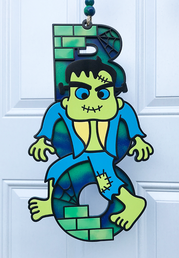 Halloween Sign:  Boo Frankenstein – Blue and Green Swirl