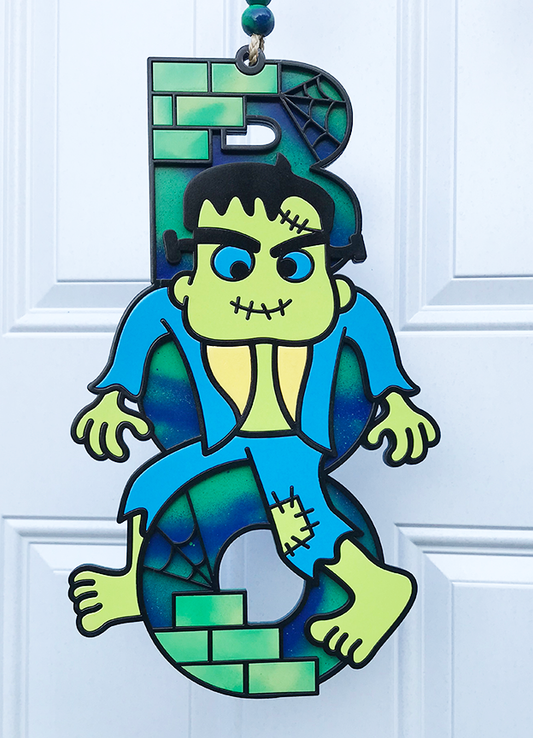 Halloween Sign:  Boo Frankenstein – Blue and Green Swirl