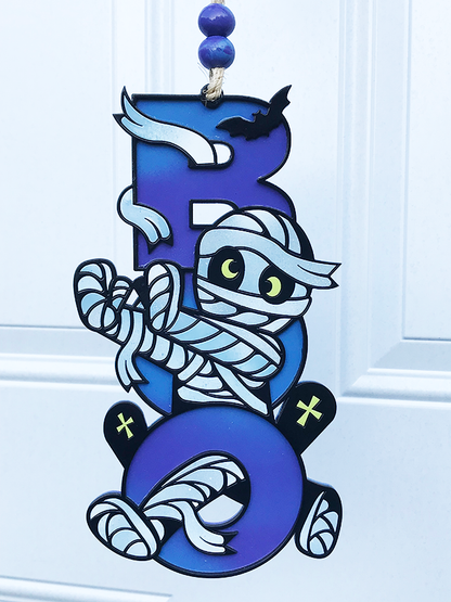 Halloween Sign:  Boo Mummy – Blue and Purple Swirl