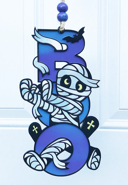 Halloween Sign:  Boo Mummy – Blue and Purple Swirl