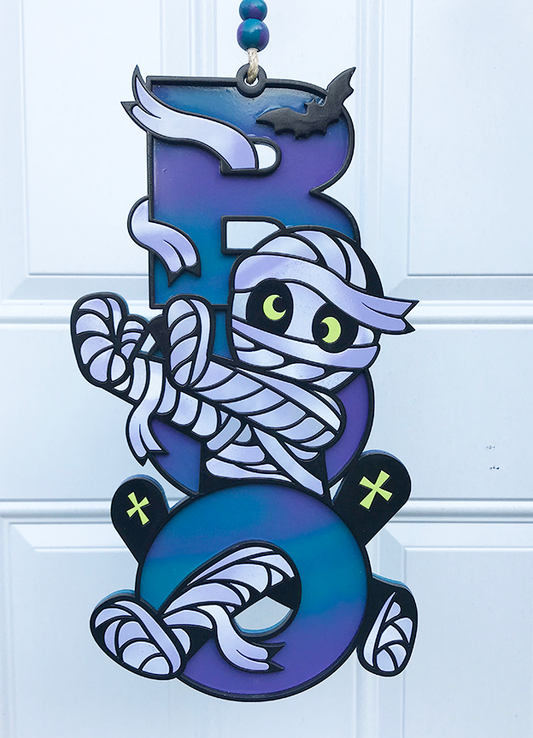 Halloween Sign:  Boo Mummy – Purple and Teal Swirl