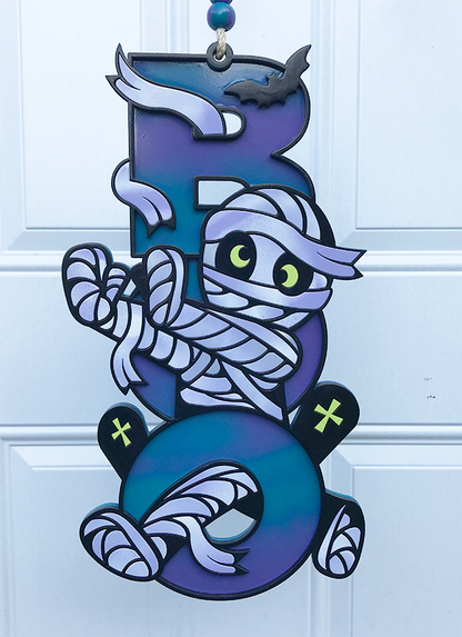 Halloween Sign:  Boo Mummy – Purple and Teal Swirl