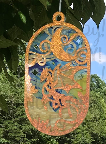 Suncatcher:  Dragon - Textured Iridescent over Yellow Pearl