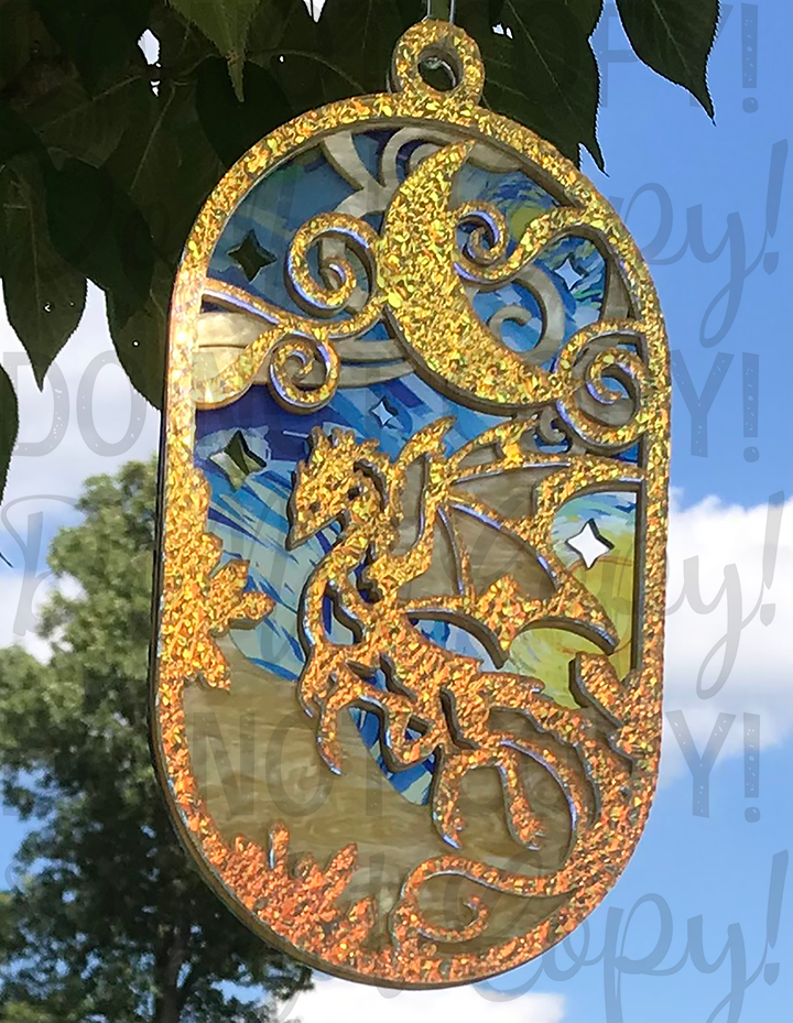 Suncatcher:  Dragon - Textured Iridescent over Yellow Pearl