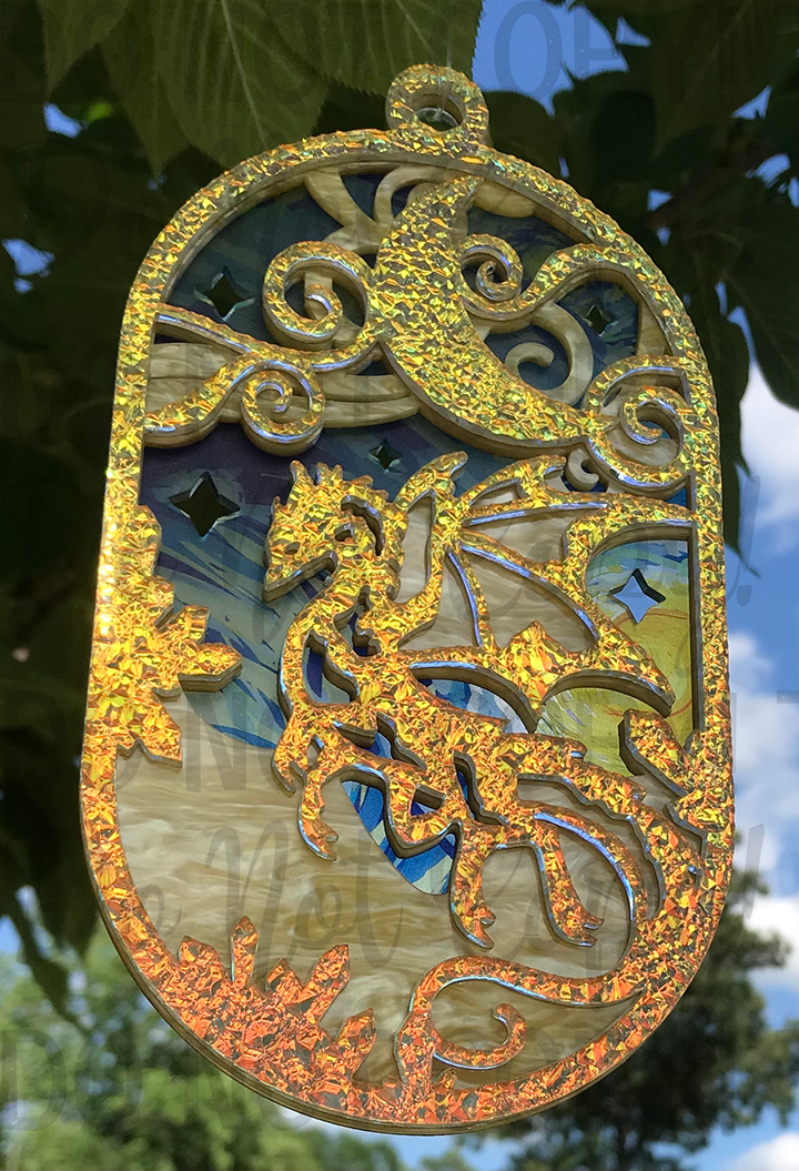 Suncatcher:  Dragon - Textured Iridescent over Yellow Pearl