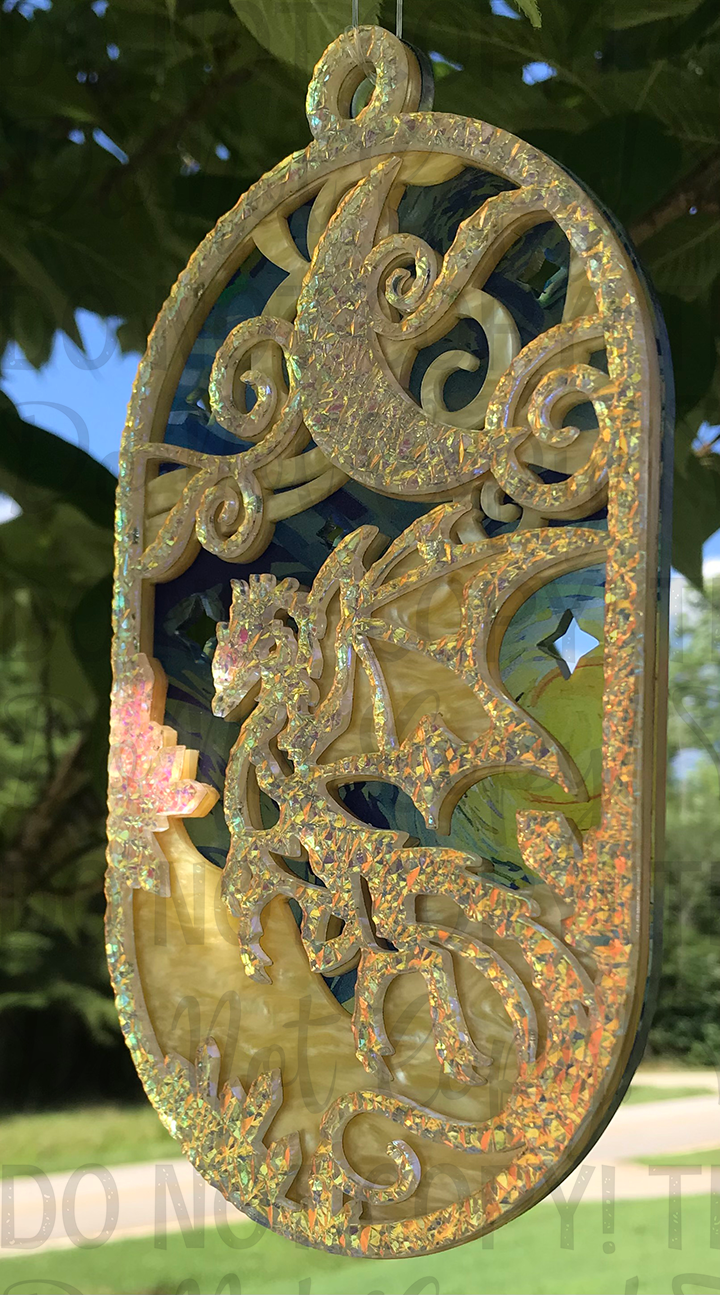 Suncatcher:  Dragon - Textured Iridescent over Yellow Pearl