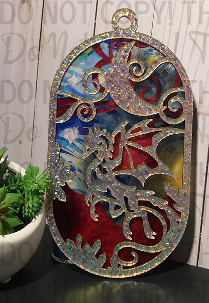 Suncatcher:  Dragon - Textured Iridescent over Red Pearl