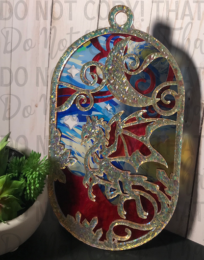 Suncatcher:  Dragon - Textured Iridescent over Red Pearl