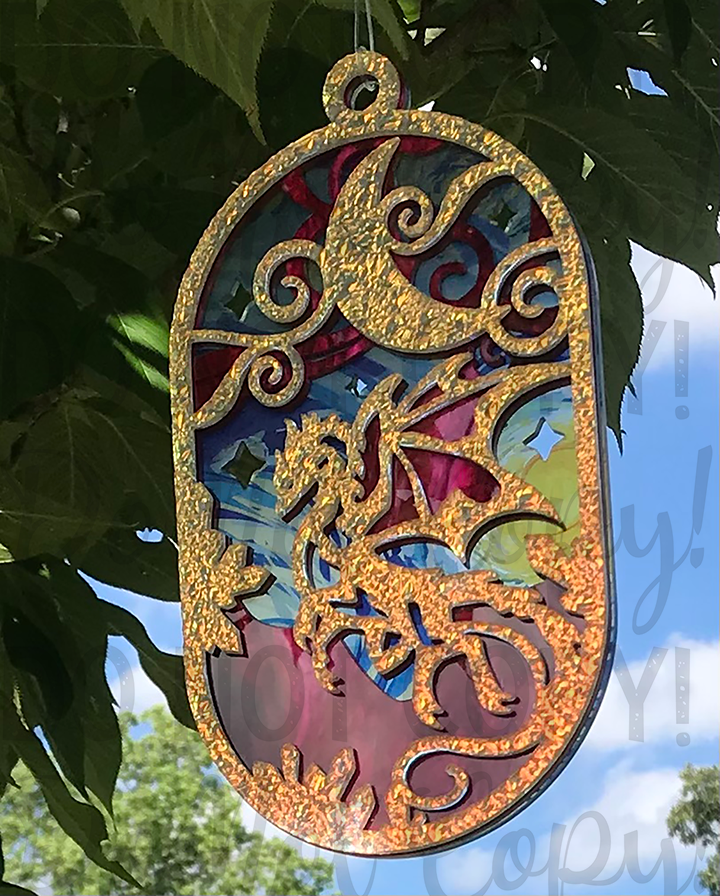 Suncatcher:  Dragon - Textured Iridescent over Red Pearl