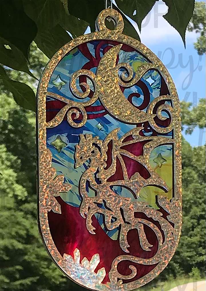 Suncatcher:  Dragon - Textured Iridescent over Red Pearl