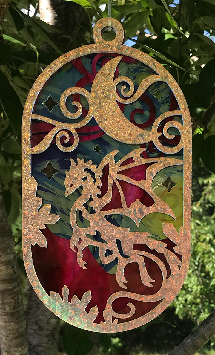 Suncatcher:  Dragon - Textured Iridescent over Red Pearl