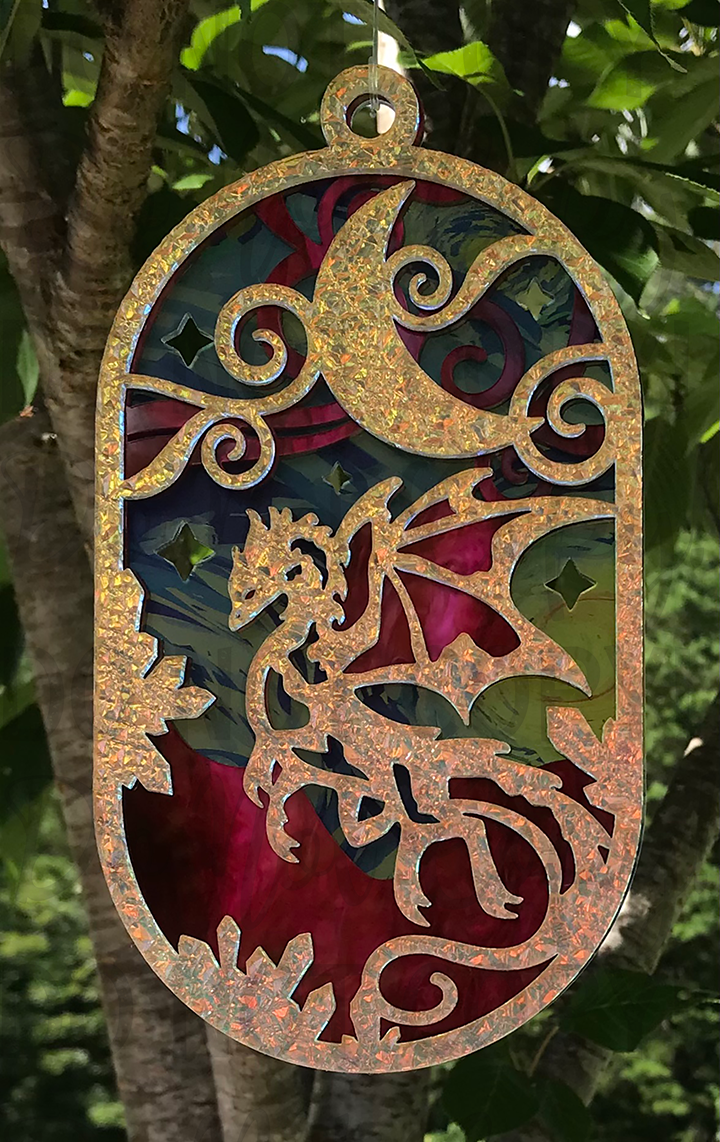 Suncatcher:  Dragon - Textured Iridescent over Red Pearl