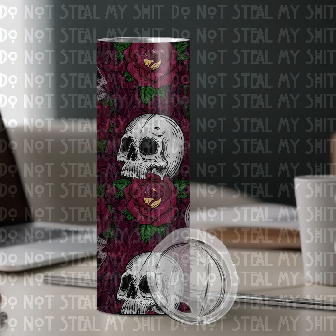 Skull with Red & Yellow Roses w/ Optional Drip Edge (MMD) 20 oz Skinny Tumbler