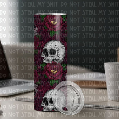 Skull with Red & Yellow Roses w/ Optional Drip Edge (MMD) 20 oz Skinny Tumbler